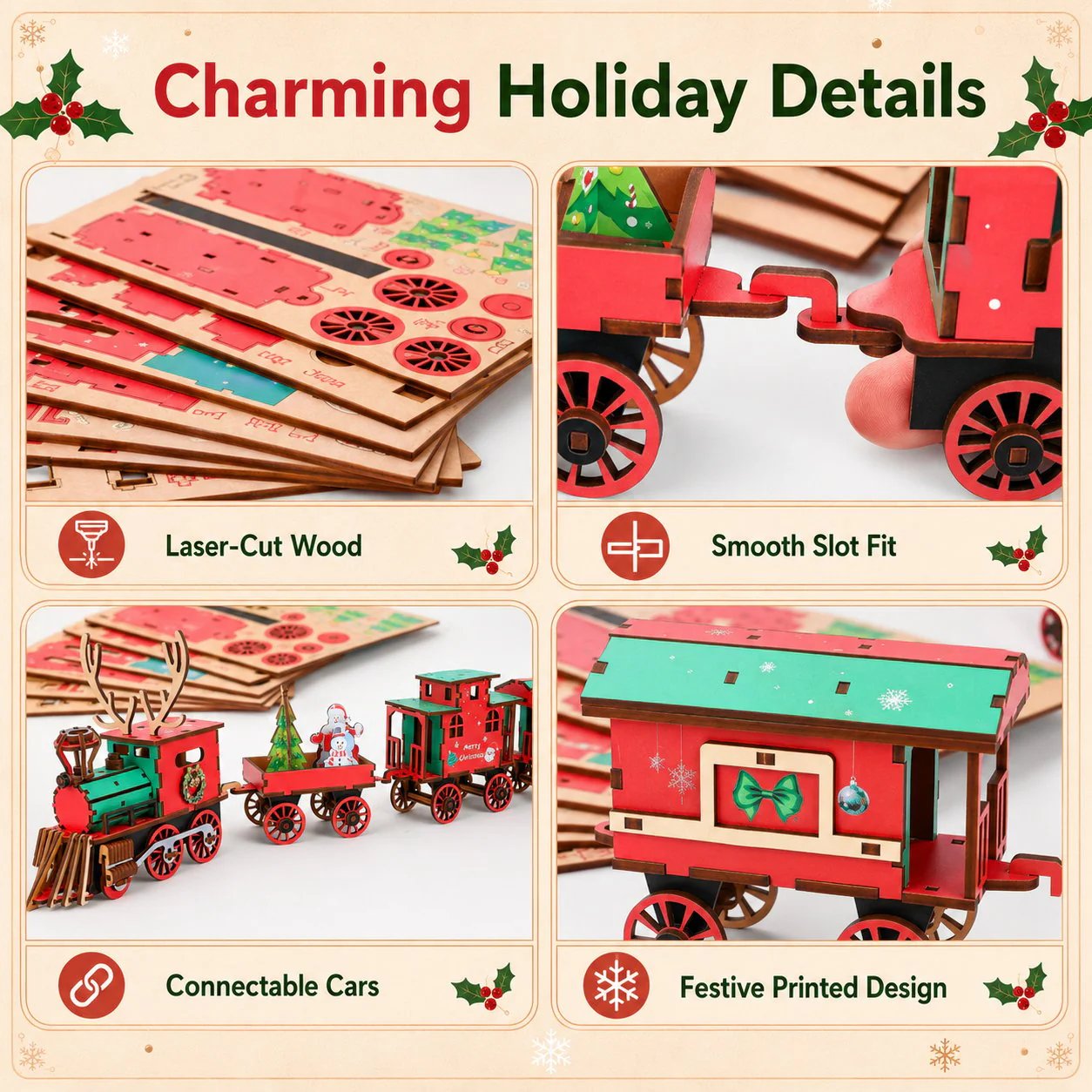 🚂LAST DAY 50% OFF❄️DIY Christmas Wooden Train Set 3D Assembly Puzzle Kit