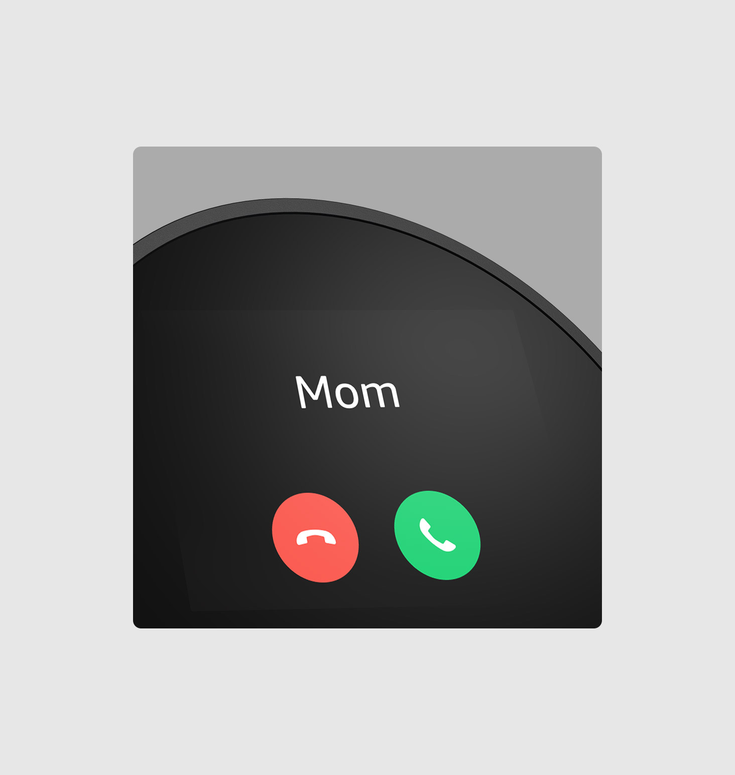 A closeup of the 2.8-inch display shows "Mom" and phone icons.