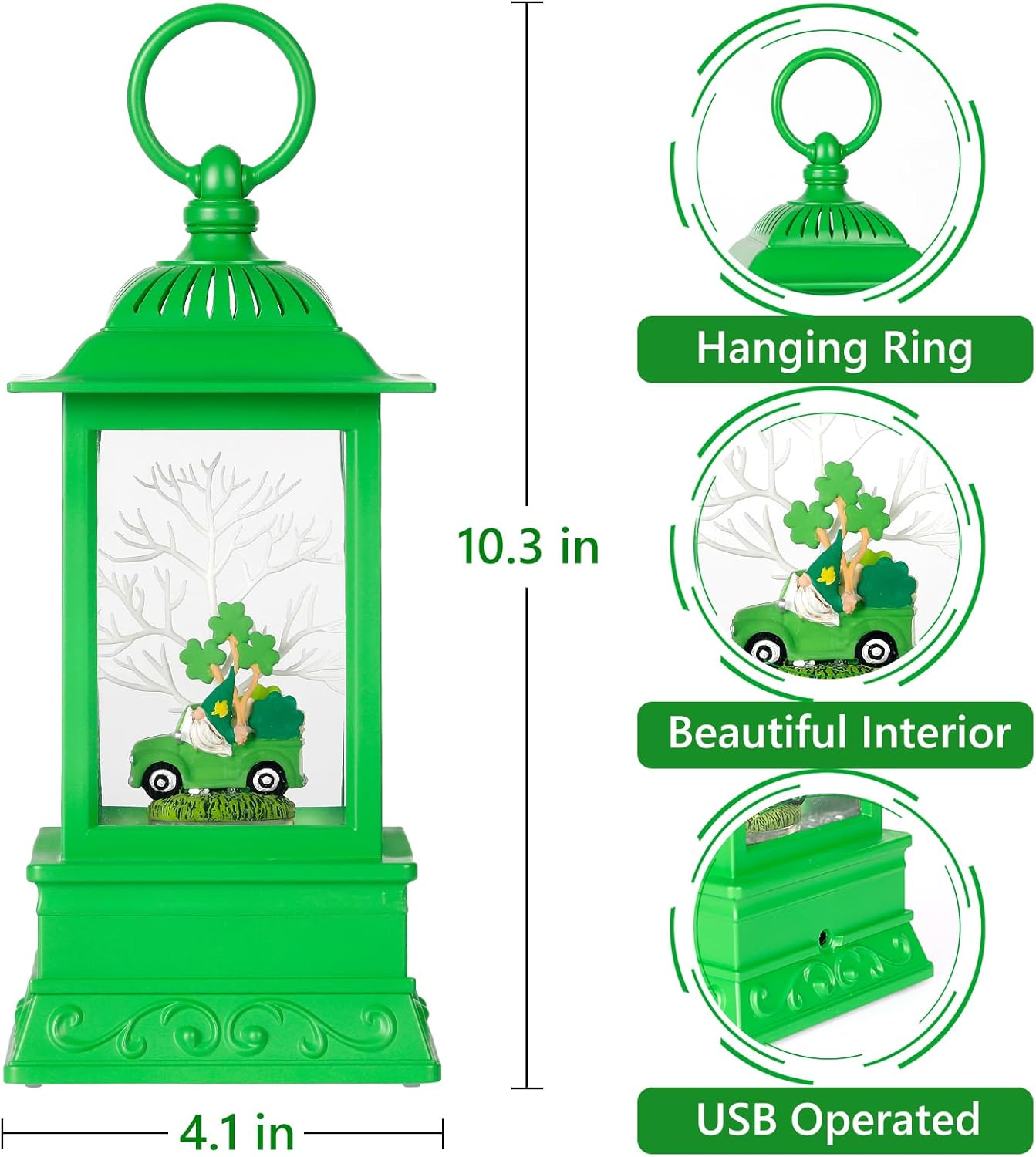 St. Patrick's Day Gnome Snow Globe Lantern, Green Lucky Shamrock Truck Gnomes Light Up Snow Globe with Swirling Glitter, St Patricks Day Decor for Party Home Table Decorations Supplies