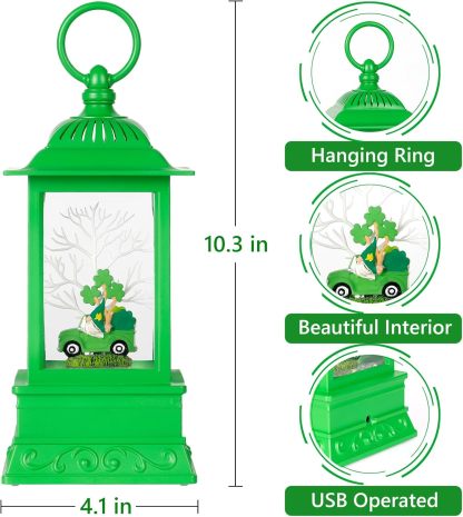 St. Patrick's Day Gnome Snow Globe Lantern, Green Lucky Shamrock Truck Gnomes Light Up Snow Globe with Swirling Glitter, St Patricks Day Decor for Party Home Table Decorations Supplies