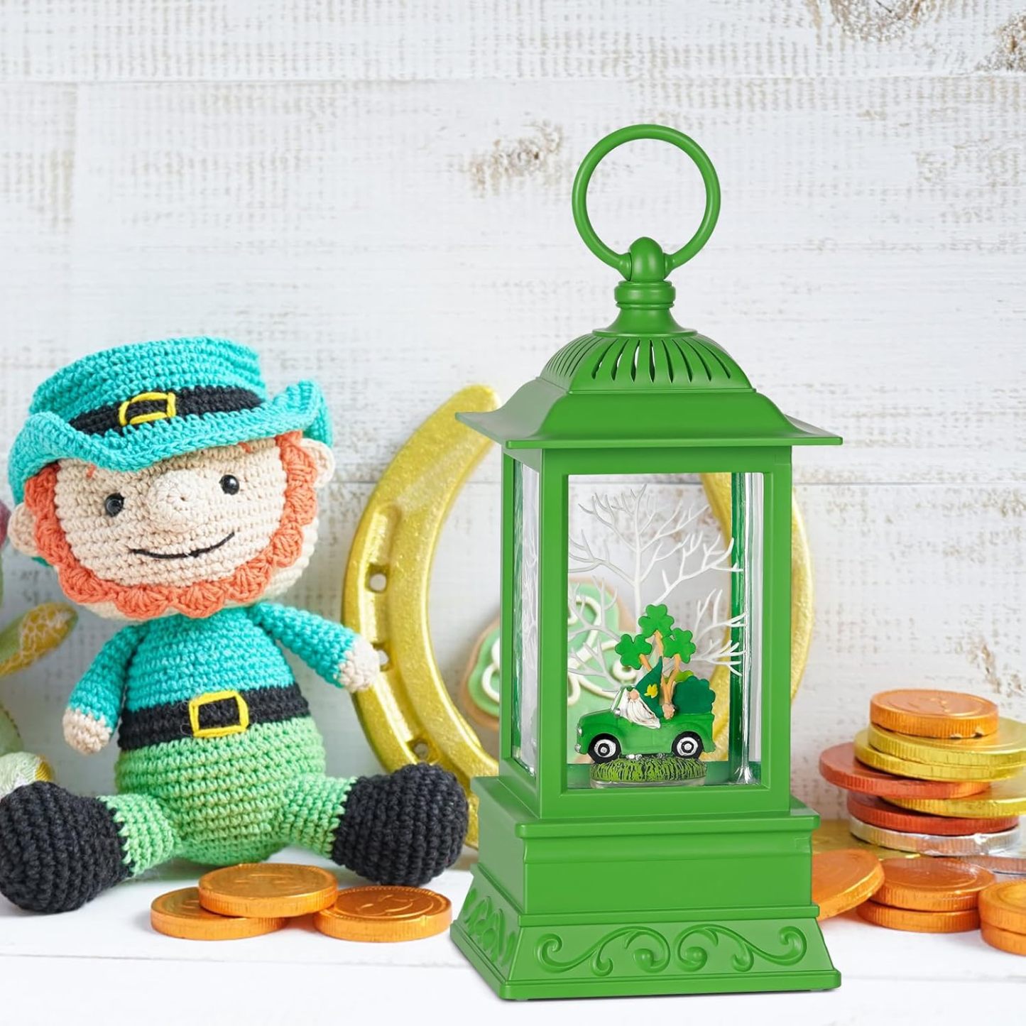 St. Patrick's Day Gnome Snow Globe Lantern, Green Lucky Shamrock Truck Gnomes Light Up Snow Globe with Swirling Glitter, St Patricks Day Decor for Party Home Table Decorations Supplies