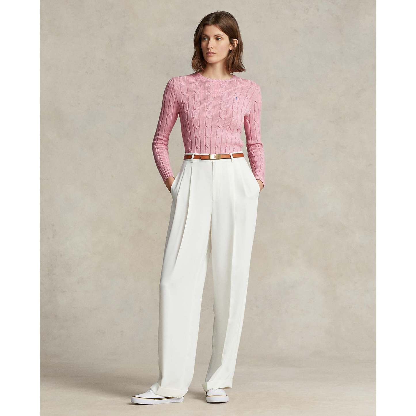 Polo Ralthtph Lauthtren - Julianna Cable-Knit Cotton Crewneck Sweater - Carmel Pink