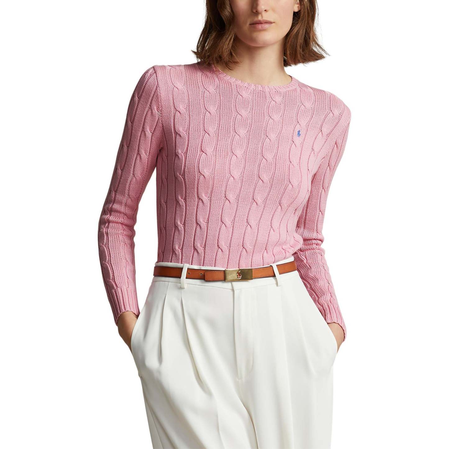 Polo Ralthtph Lauthtren - Julianna Cable-Knit Cotton Crewneck Sweater - Carmel Pink