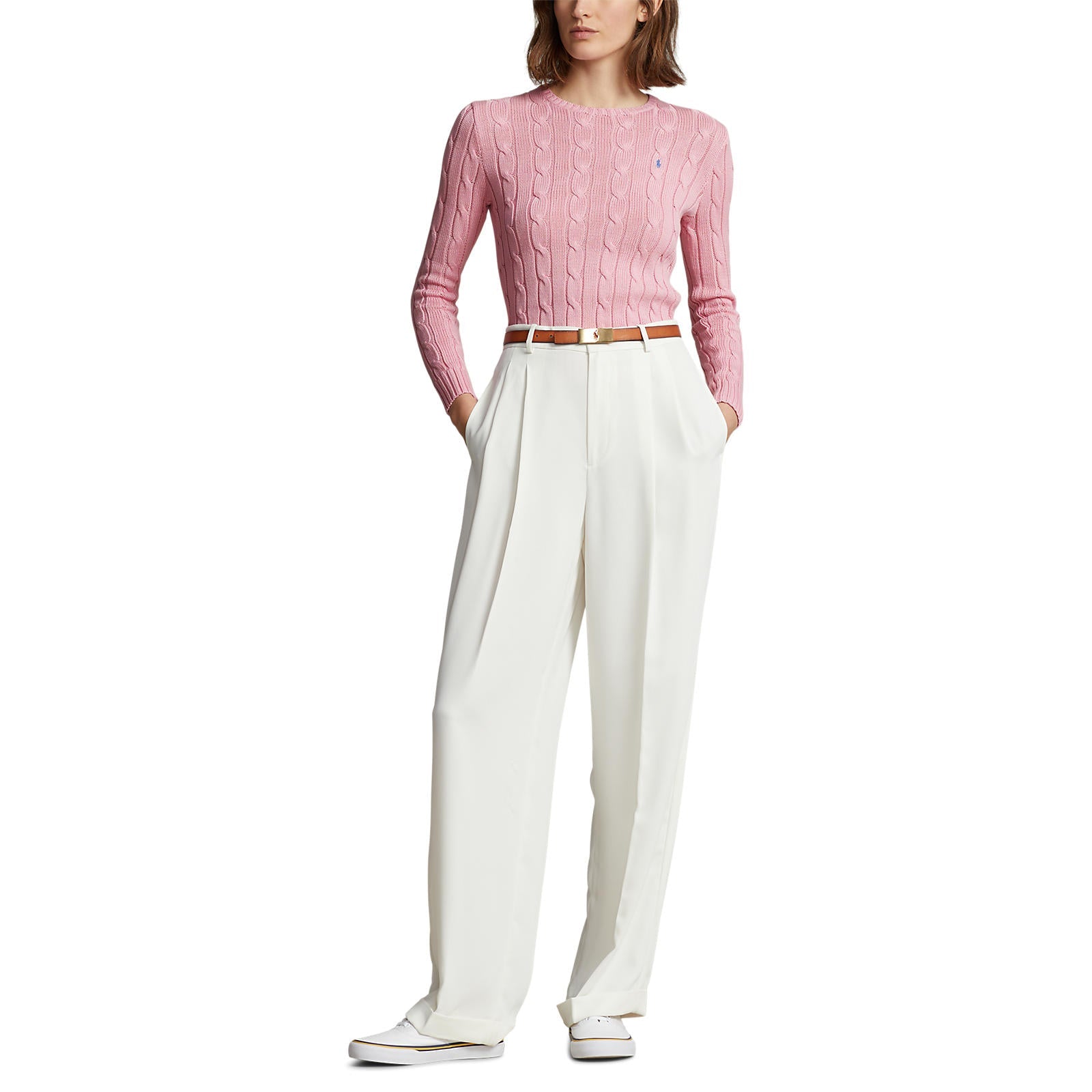 Polo Ralthtph Lauthtren - Julianna Cable-Knit Cotton Crewneck Sweater - Carmel Pink