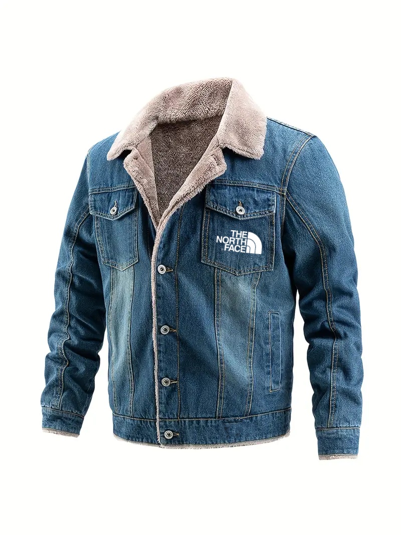 2024 TNF®-Contrast Lapel Fleece Lined Denim Jacket - Thick Warm Outerwear, Long Sleeve Casual Winter Top