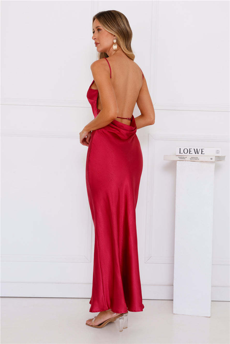 Unveiled Sophistication Satin Maxi Dress Ruby