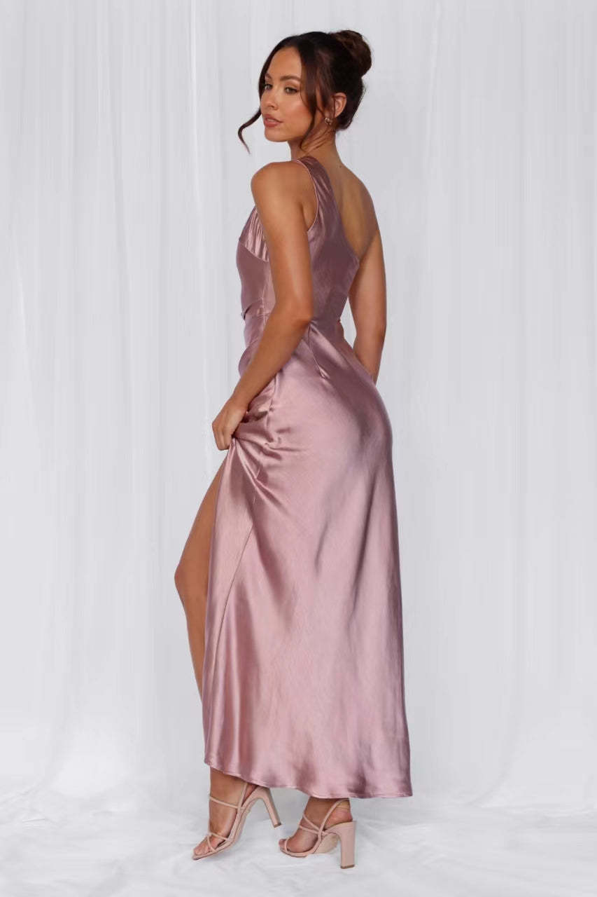 HELLO MOLLY The Aurora One Shoulder Satin Maxi Dress Dusty Pink