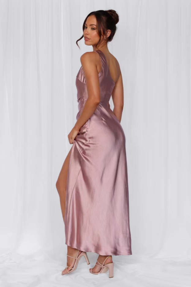 HELLO MOLLY The Aurora One Shoulder Satin Maxi Dress Dusty Pink