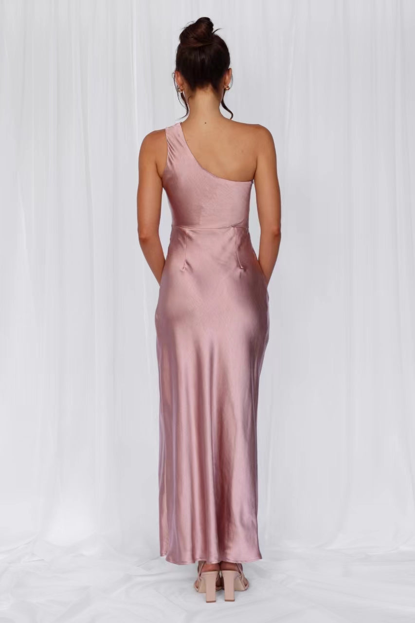 HELLO MOLLY The Aurora One Shoulder Satin Maxi Dress Dusty Pink