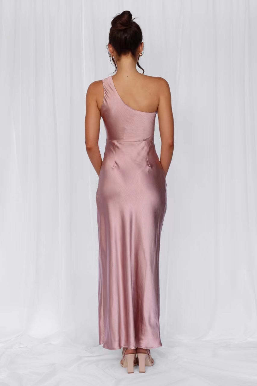 HELLO MOLLY The Aurora One Shoulder Satin Maxi Dress Dusty Pink