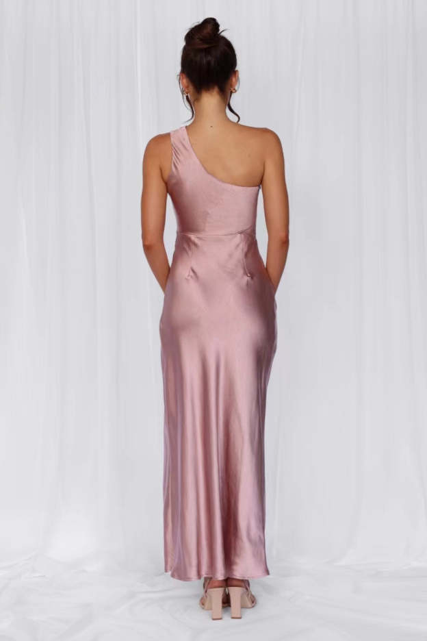 HELLO MOLLY The Aurora One Shoulder Satin Maxi Dress Dusty Pink