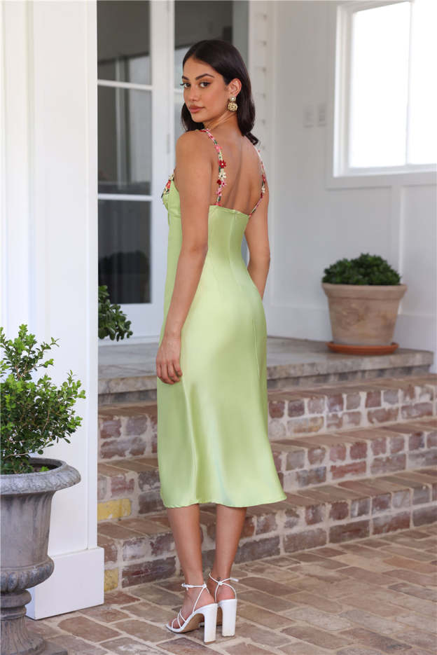 Blooming Relationship Satin Midi Dress Green