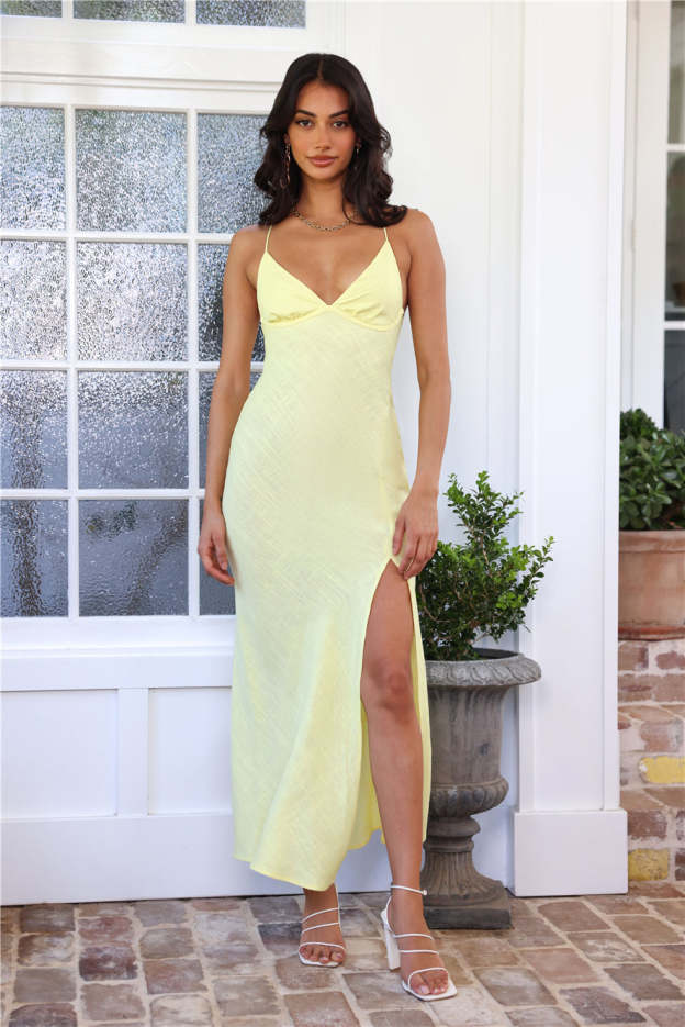 Coastal Resort Linen Maxi Dress Yellow
