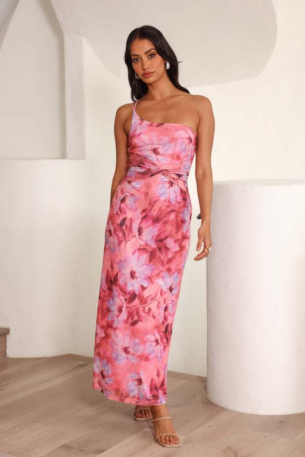 Celebrate Success One Shoulder Mesh Midi Dress Pink