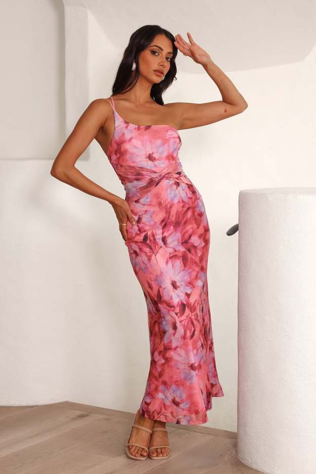 Celebrate Success One Shoulder Mesh Midi Dress Pink