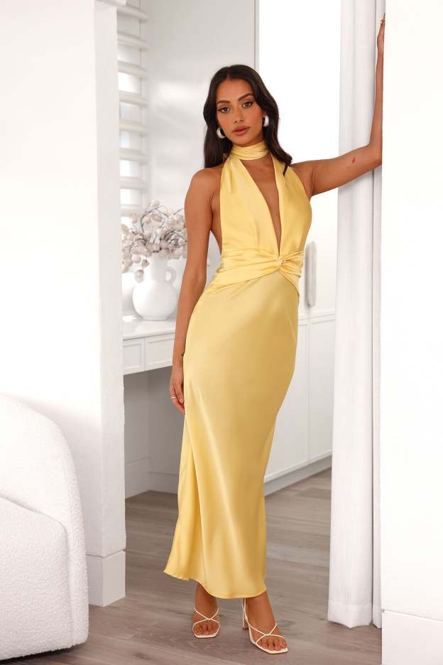 Beauty Of The Night Halter Satin Maxi Dress Yellow