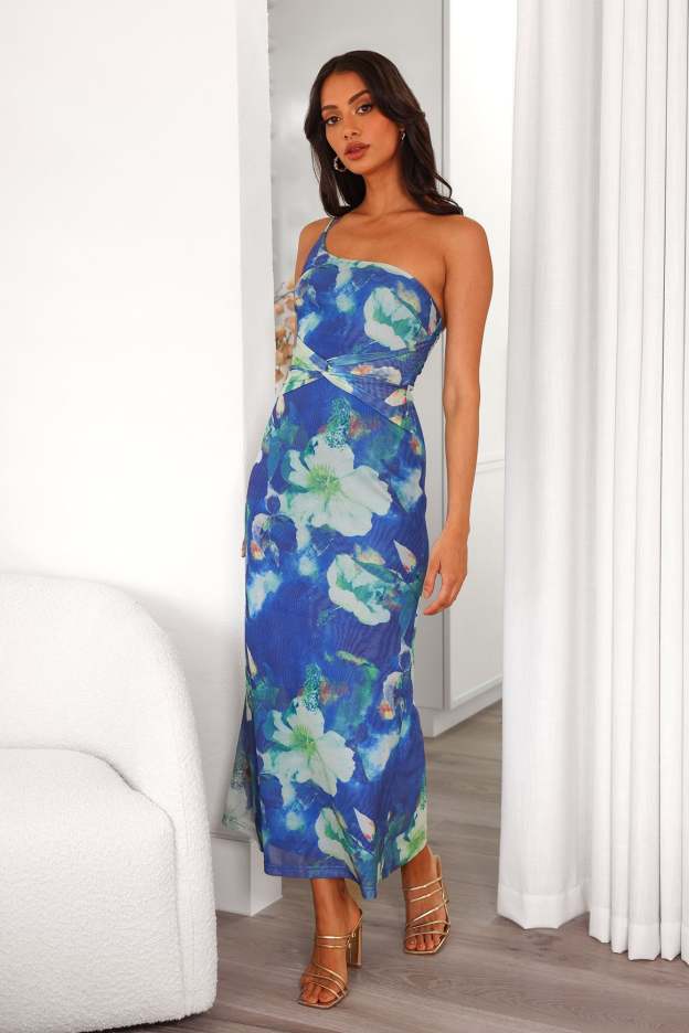 Celebrate Success One Shoulder Mesh Midi Dress Blue