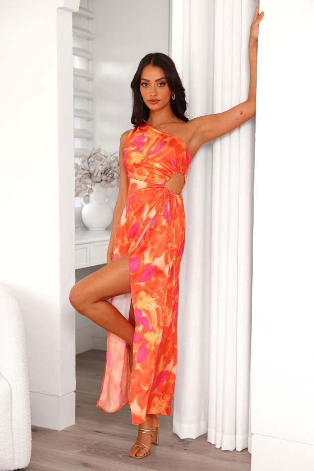 Beach Vibe One Shoulder Satin Maxi Dress Orange