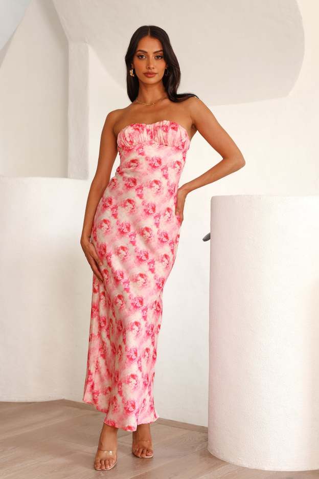 Gemstones Strapless Satin Maxi Dress Pink