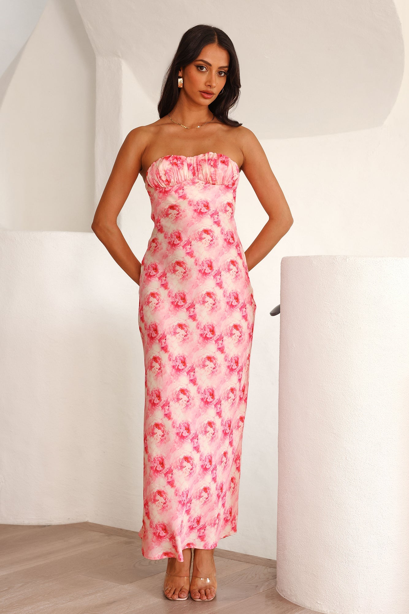 Gemstones Strapless Satin Maxi Dress Pink