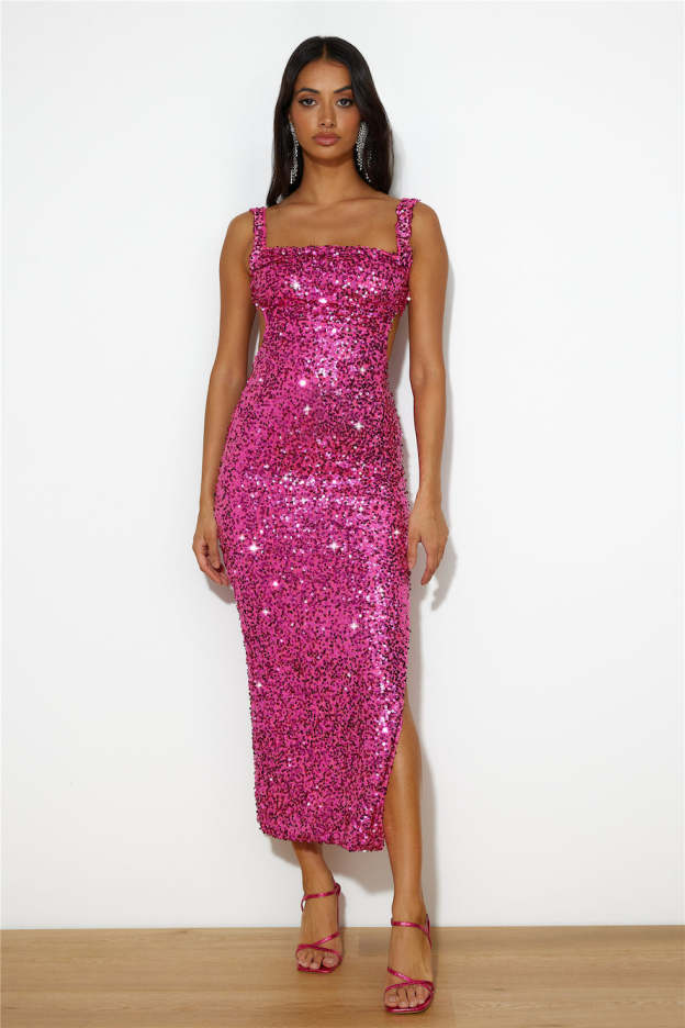 Bright Glimmer Sequin Midi Dress Pink
