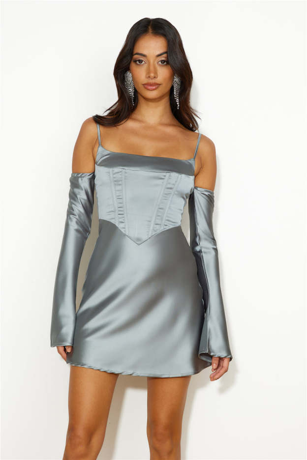 Channel Me Satin Mini Dress Sage