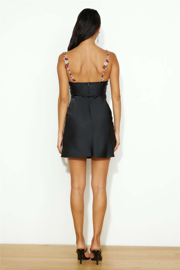 Blooming Confidence Satin Mini Dress Black