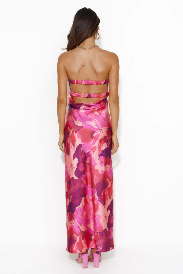Color Bloom Strapless Satin Maxi Dress Pink