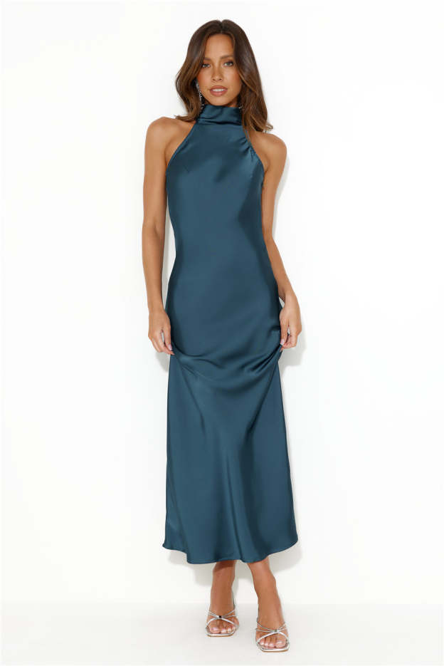 Crystal Glass Satin Maxi Dress Teal