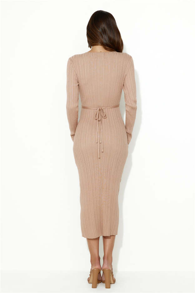 Cold Yet Stylish Long Sleeve Ribbed Midi Dress Tan