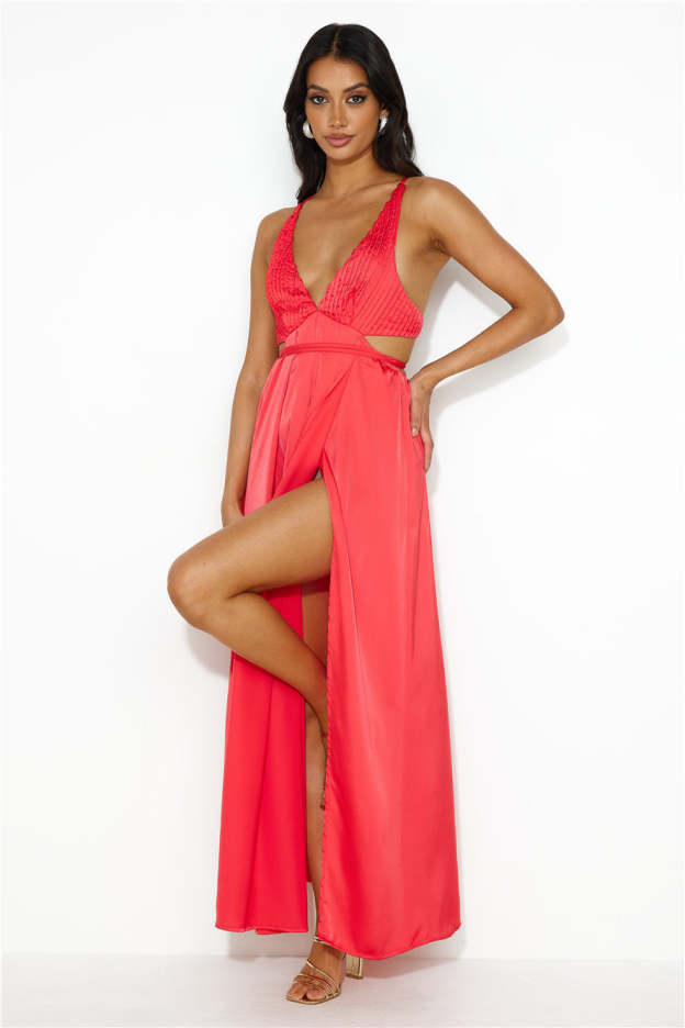 Capture Attention Satin Maxi Dress Red