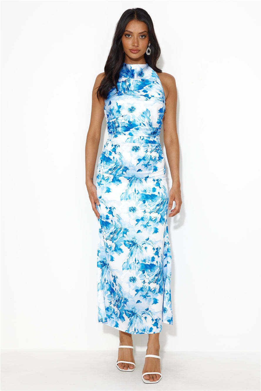 Beauty Of Fiji Satin Maxi Dress Blue