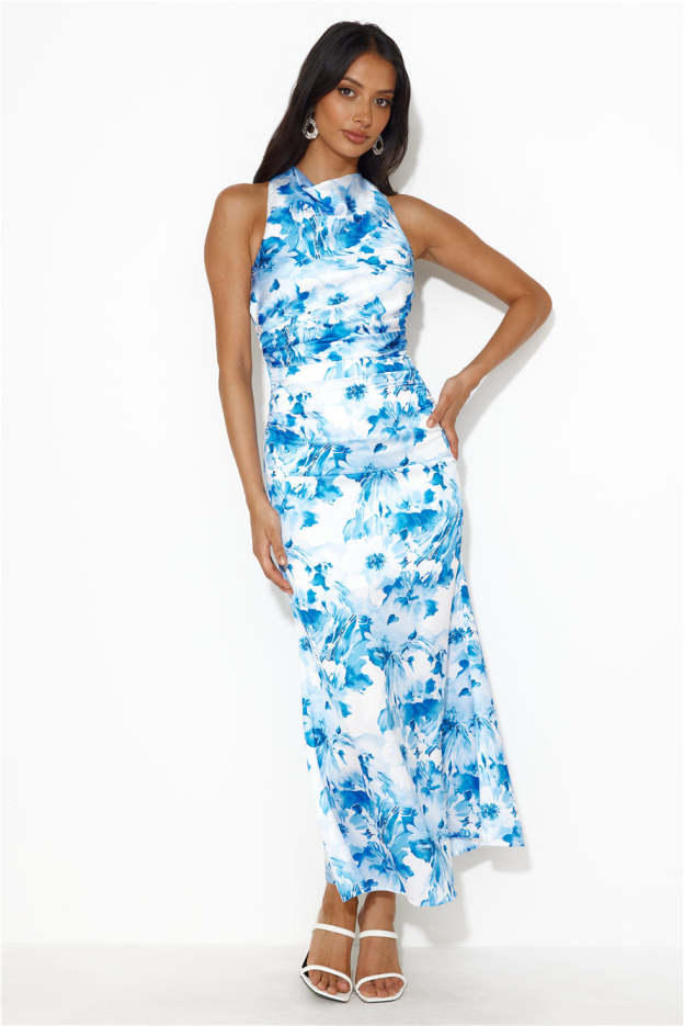 Beauty Of Fiji Satin Maxi Dress Blue