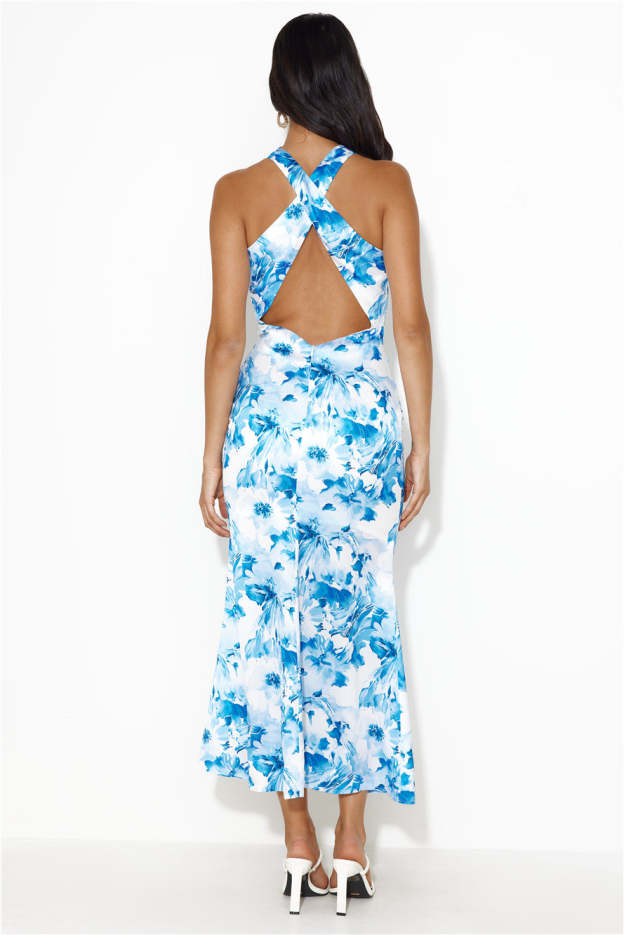Beauty Of Fiji Satin Maxi Dress Blue