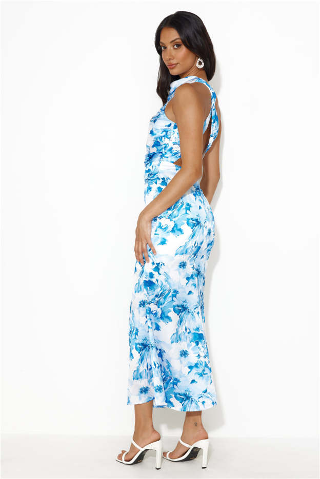 Beauty Of Fiji Satin Maxi Dress Blue