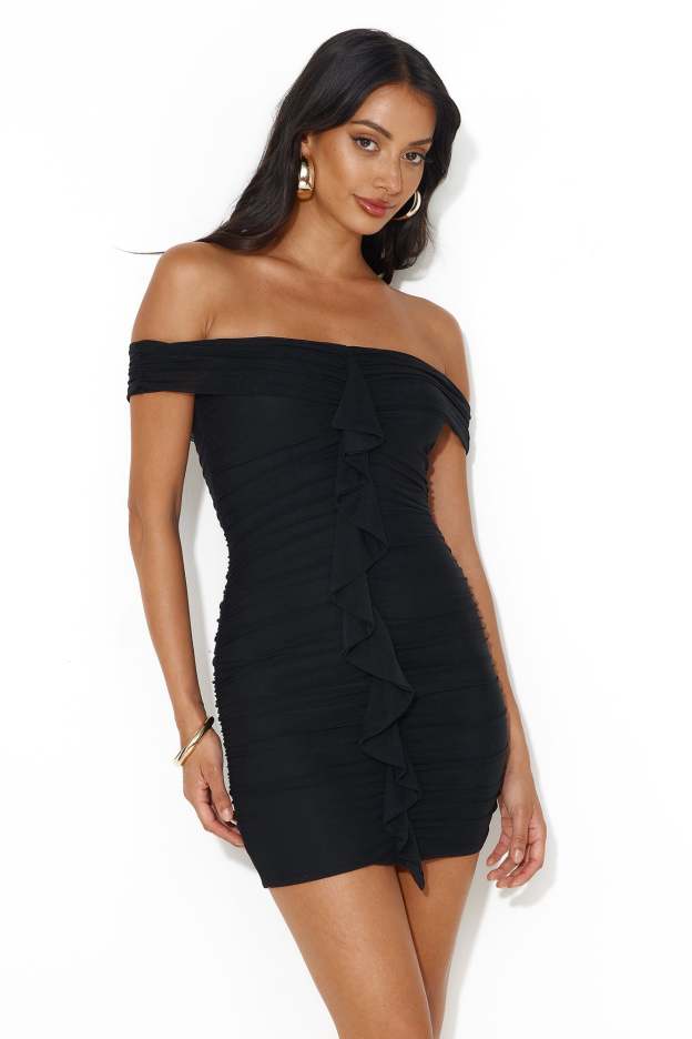 Darcy Doll Off Shoulder Mesh Mini Dress Black