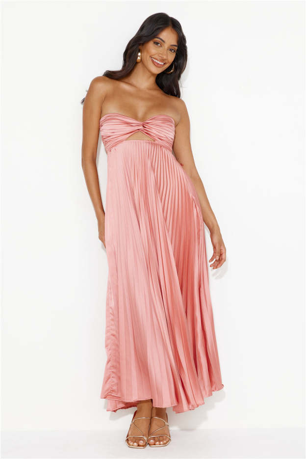 Clouds Of Love Strapless Pleated Maxi Dress Pink