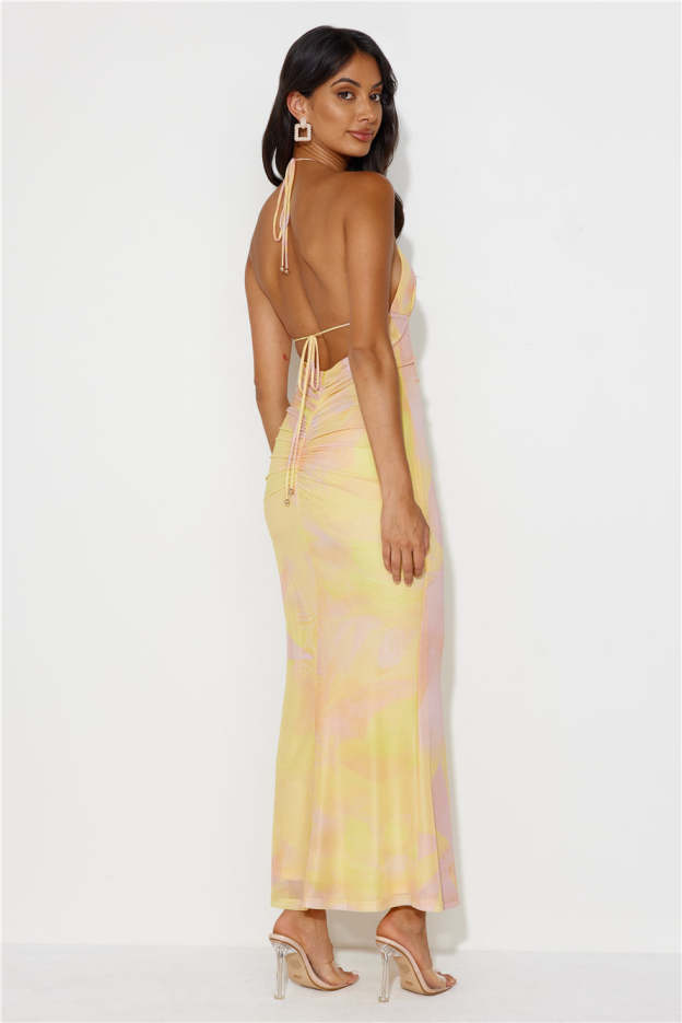 Charming Evening Halter Mesh Maxi Dress Yellow