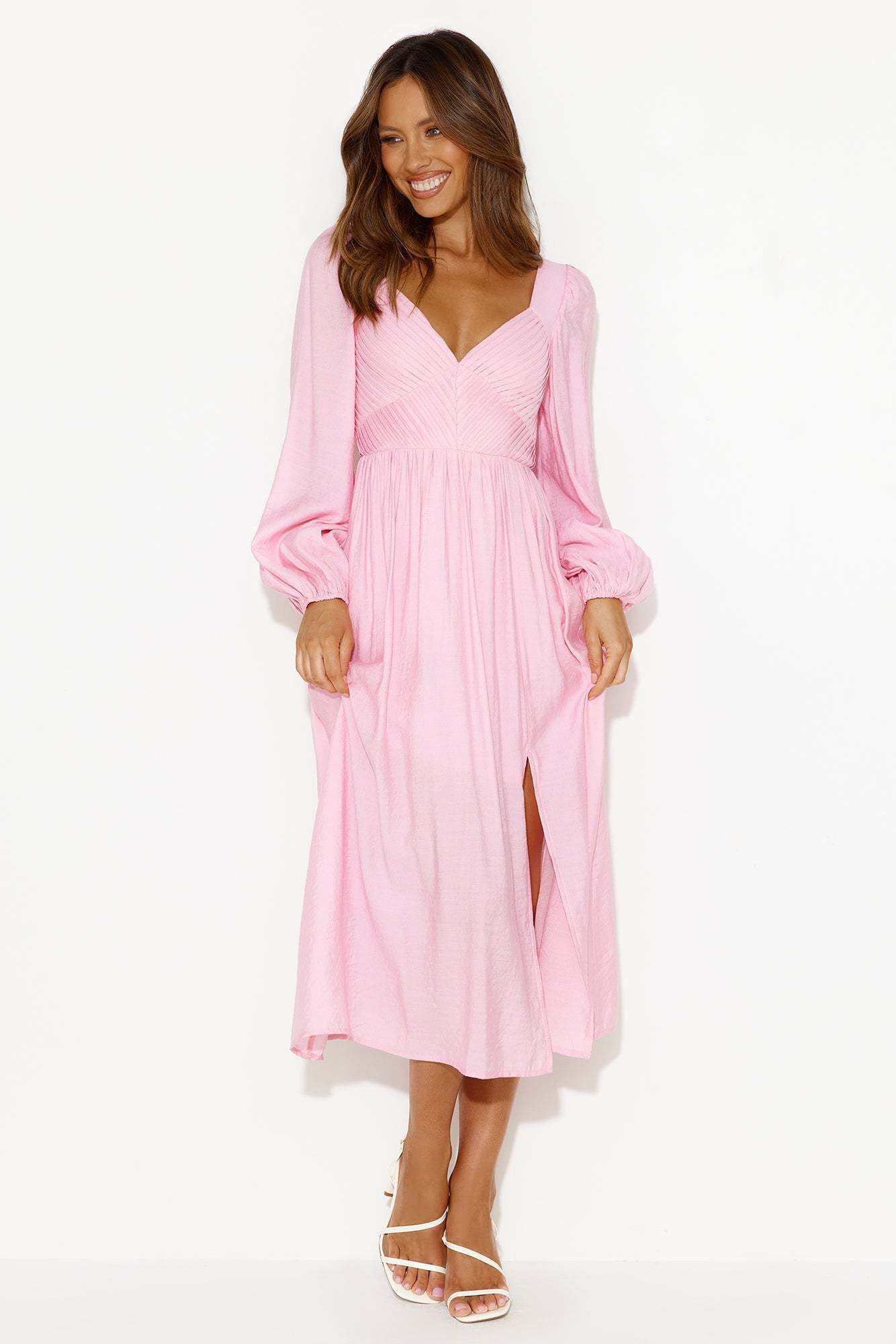 Dancing Deni Long Sleeve Midi Dress Pink