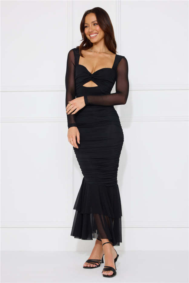 Awaken Desires Mesh Long Sleeve Midi Dress Black