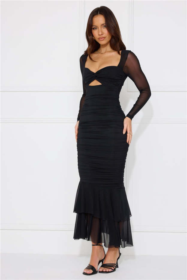 Awaken Desires Mesh Long Sleeve Midi Dress Black