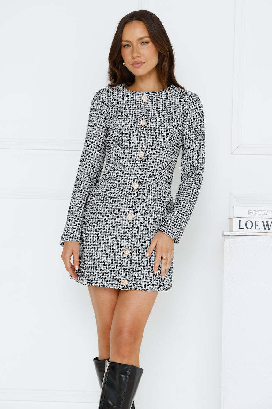 Midnight Date Tweed Long Sleeve Mini Dress Black