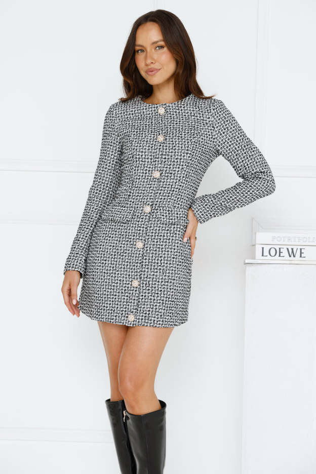 Midnight Date Tweed Long Sleeve Mini Dress Black