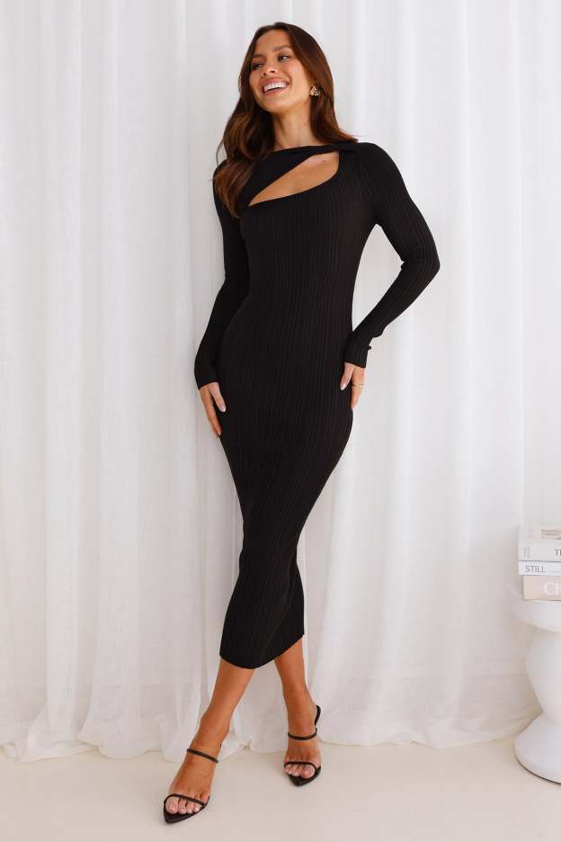 Chic Contours Long Sleeve Ribbed Maxi Dress Black