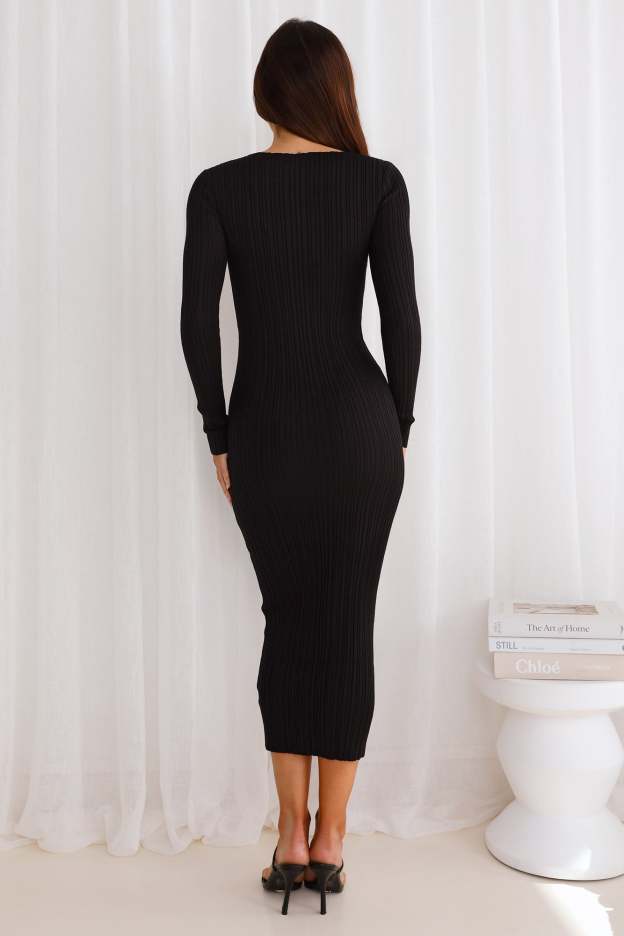 Chic Contours Long Sleeve Ribbed Maxi Dress Black