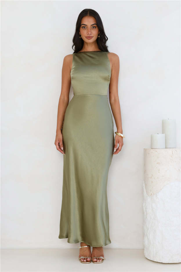 Unveiled Sophistication Satin Maxi Dress Olive