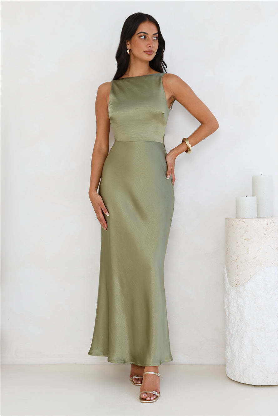 Unveiled Sophistication Satin Maxi Dress Olive