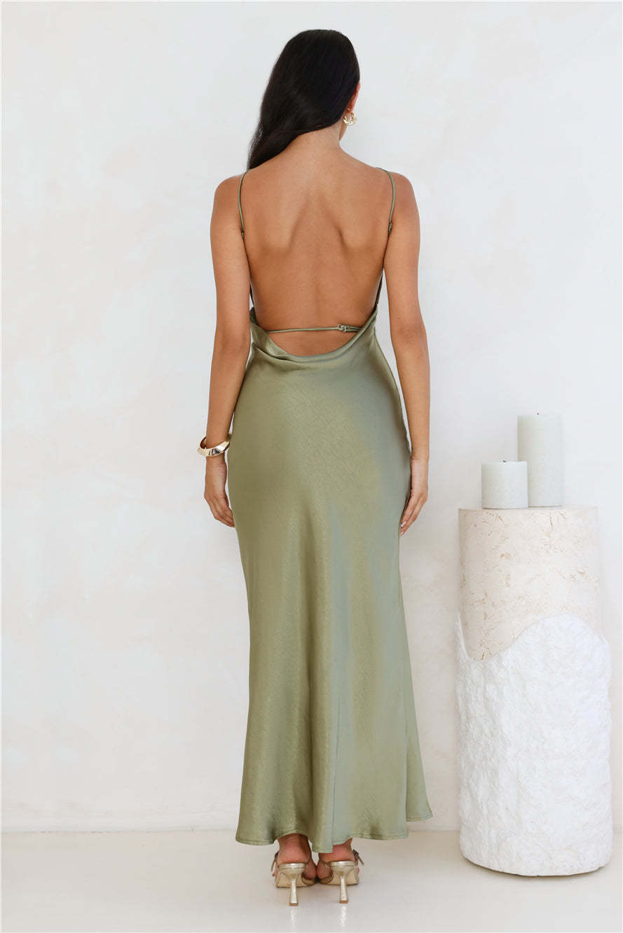 Unveiled Sophistication Satin Maxi Dress Olive