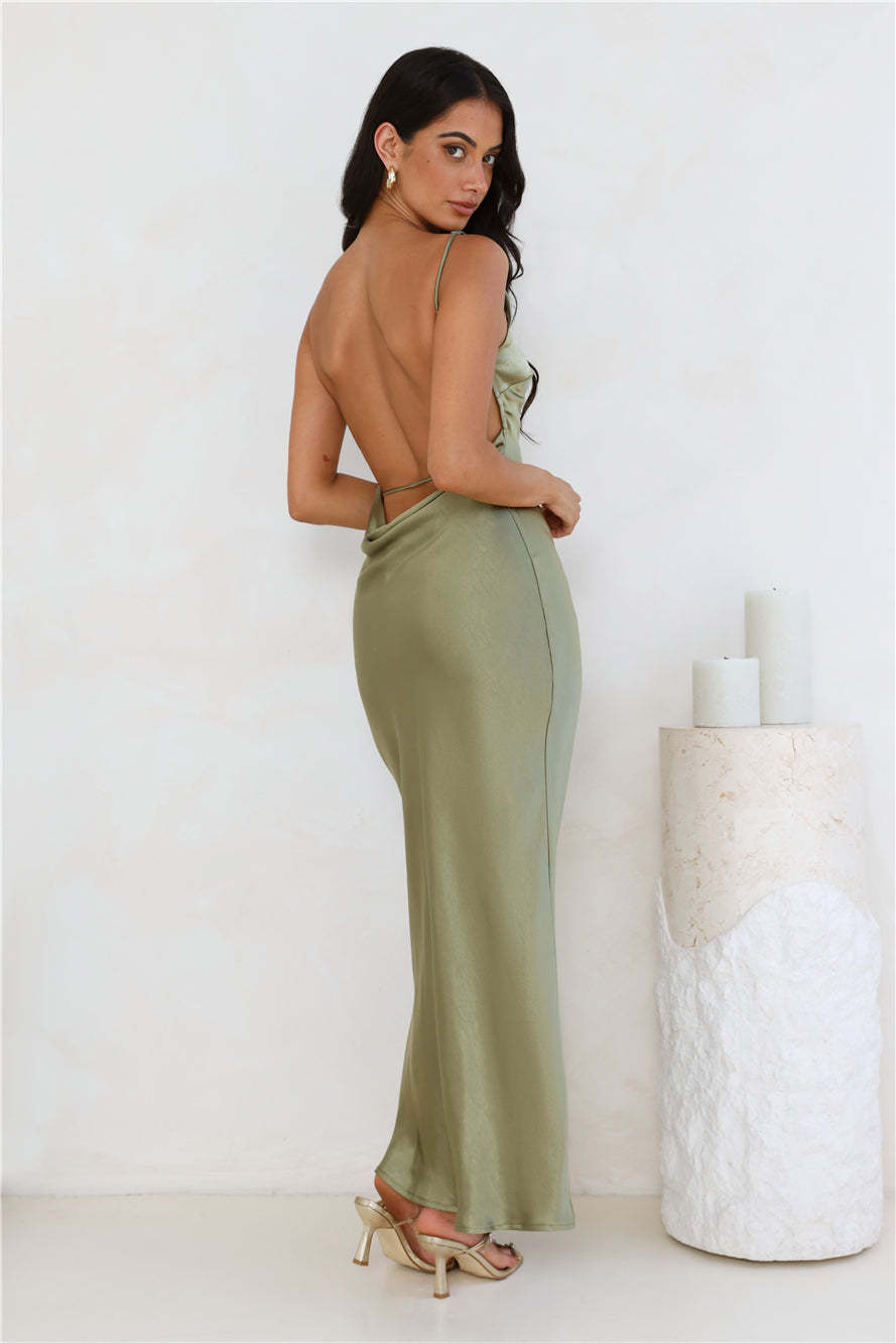 Unveiled Sophistication Satin Maxi Dress Olive