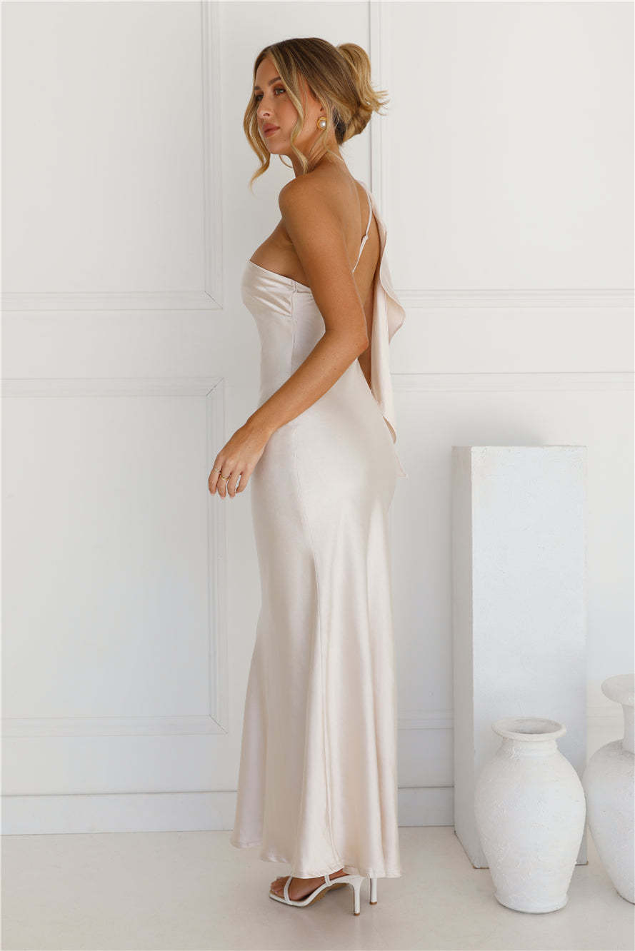 Romantic Tales Satin One Shoulder Maxi Dress Champagne